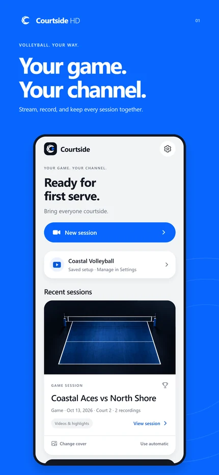 Your game. Your channel. Courtside HD feature illustration with an actual sample app screen.