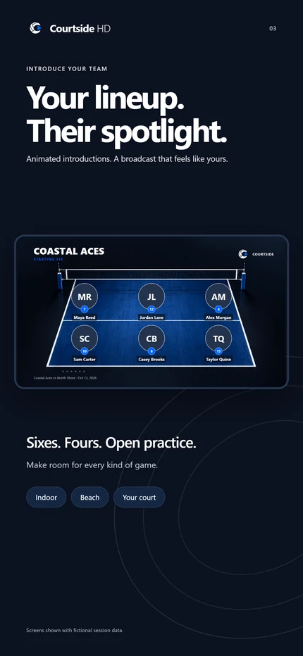 Your lineup. Their spotlight. Courtside HD feature illustration with an actual sample app screen.