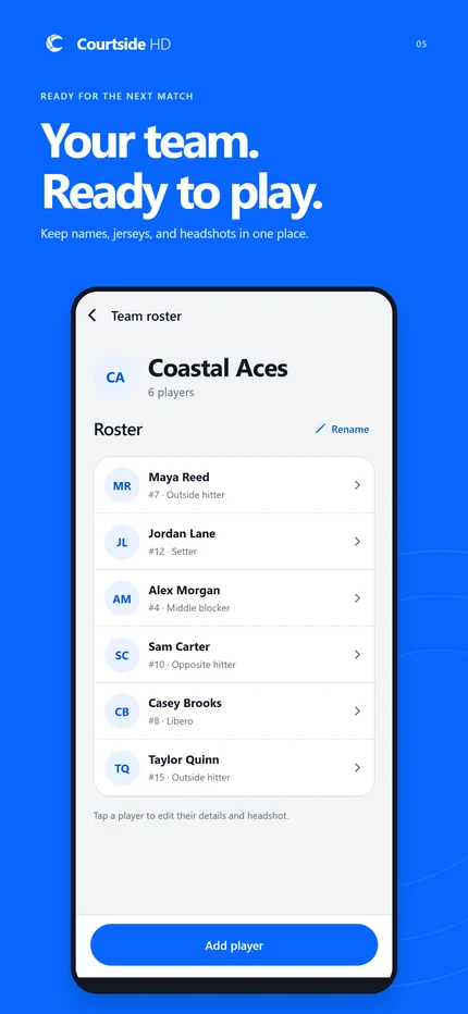 Your team. Ready to play. Courtside HD feature illustration with an actual sample app screen.