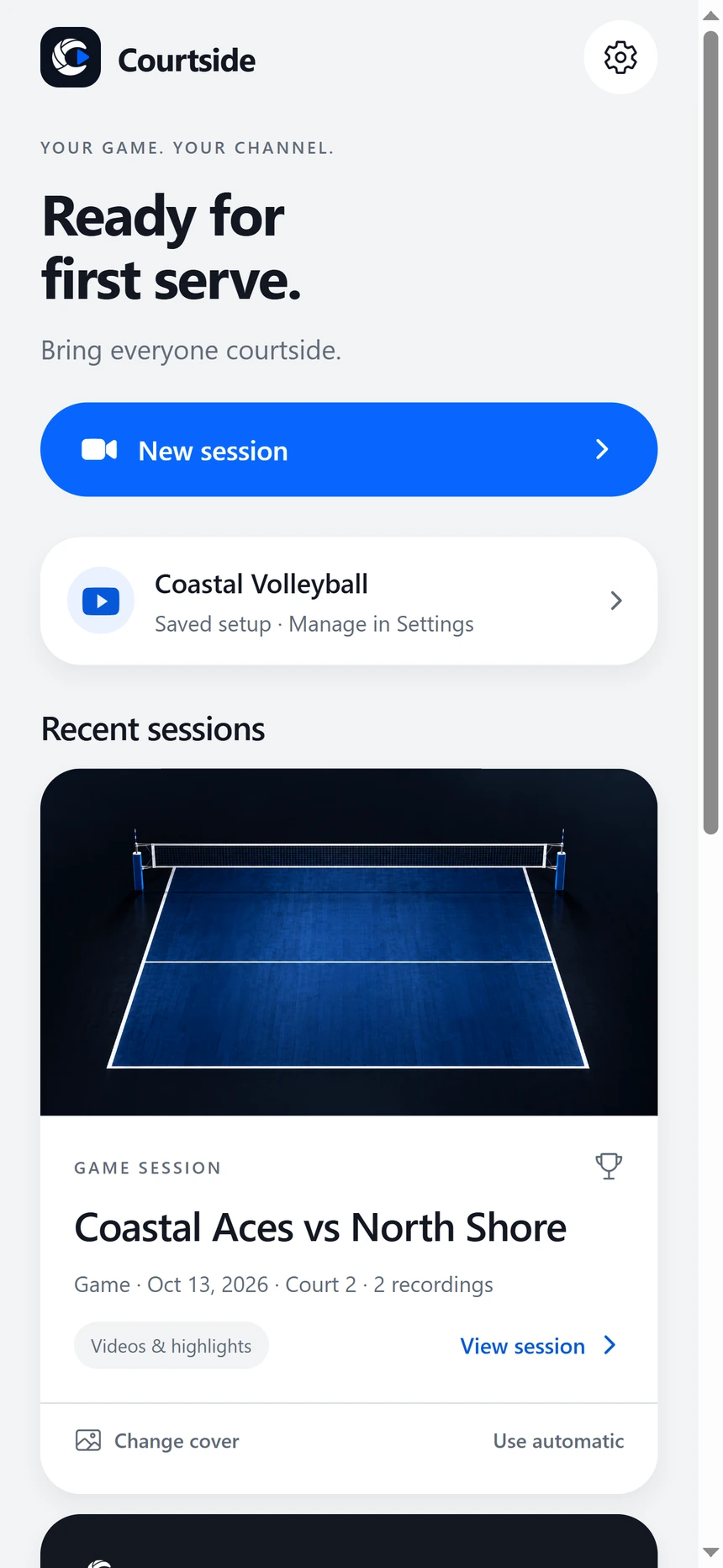 Courtside Home screen with fictional session history